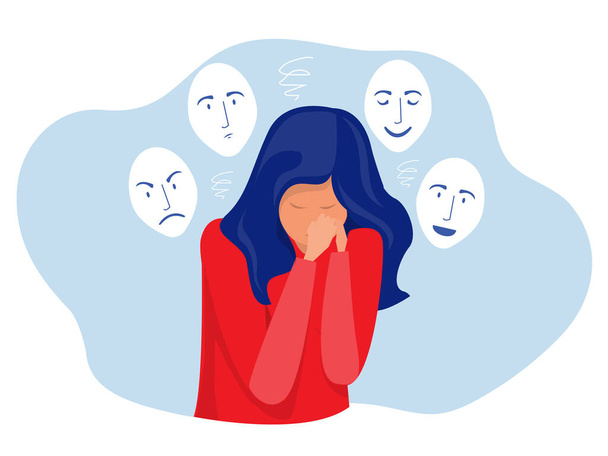 синдром самозванца, женщина, страдающая биполярным расстройством с эйфорией, психоз, депрессия, паника в один момент вектор - Вектор,изображение