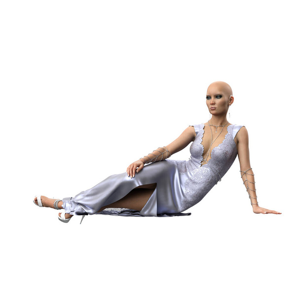 Женщина в красивом бледно-голубом платье с великолепными украшениями, 3D рендеринг, 3D иллюстрация - Фото, изображение