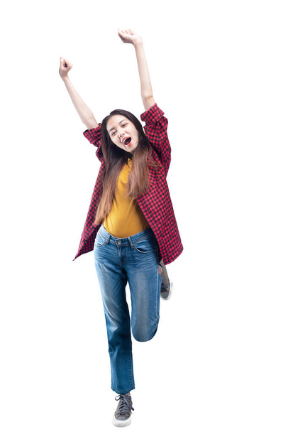 Asian woman raised hands with a happy expression isolated over white background - Photo, Image
