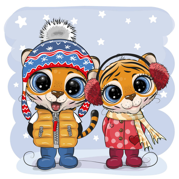 Cute winter illustration with two Tigers Boy and Girl in hats and coats - Vecteur, image