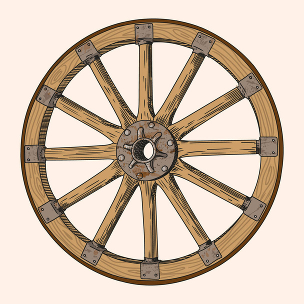 Vieja rueda de madera de un carro rústico con radios y elementos de acero. Rueda de la Fortuna. - Vector, imagen