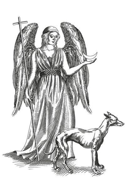 Una joven esbelta con una cruz y una luna en sus manos. Grabado de estilo medieval. - Vector, imagen
