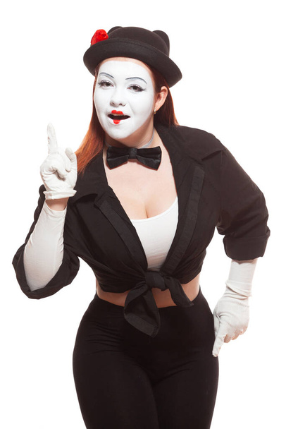 Portrait of a female mime artist performing, isolated on white background. Symbol of an idea, insight, Eureka - Foto, Imagem