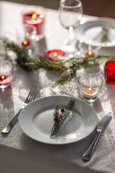 christmas dinner party table serving at home - 写真・画像