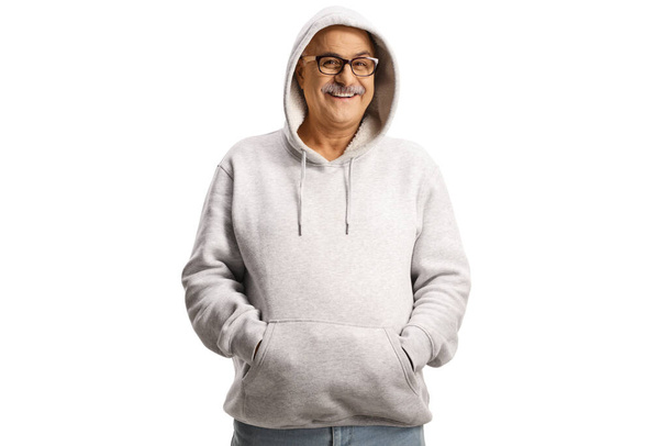 Smiling mature man wearing a hood isolated on white background - Foto, afbeelding
