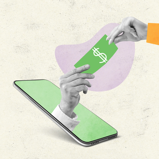 Σύγχρονη τέχνη κολάζ των χεριών περνώντας χρήματα προεξέχουν από την οθόνη του τηλεφώνου που απομονώνονται σε λευκό φόντο. Online πληρωμές - Φωτογραφία, εικόνα