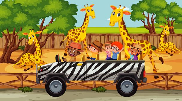 Scena safari con molte giraffe e bambini sull'illustrazione di auto turistiche - Vettoriali, immagini