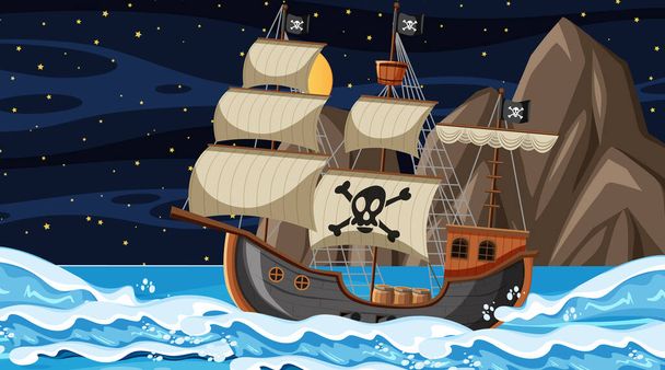 Océano con barco pirata en escena nocturna en ilustración de estilo de dibujos animados - Vector, imagen