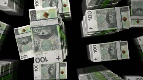 Polish Zloty money pack loop. Flight over PLN banknotes stacks top view. 3d loopable seamless animation. Abstract background concept of economy, crisis, business and finance in Poland. - Footage, Video