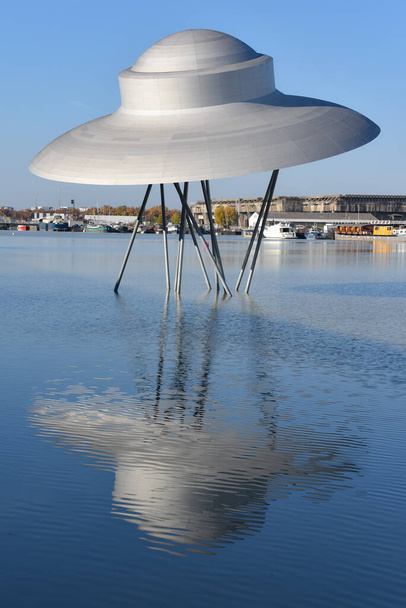 Bordeaux, France - 7 Nov, 2021: Flying Saucer Art Work by Suzanne Treister in the Bordeaux quayside - Zdjęcie, obraz