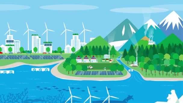 global warming prevention image with renewable energy in urban and rural areas - Footage, Video