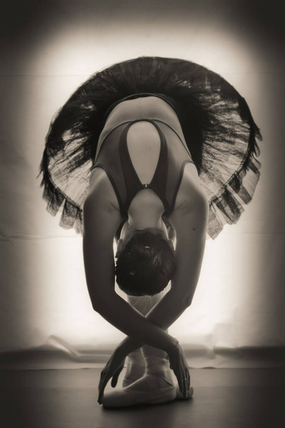 Een grijswaarden opname van een mooie balletdanser op het podium - Foto, afbeelding