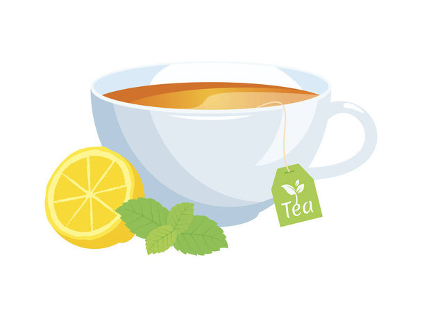 Taza blanca de té con limón y menta vector icono. Té fresco en un vector de taza blanca. Bolsa de té en un vector de taza. Taza de té con limón y menta icono aislado sobre un fondo blanco - Vector, Imagen
