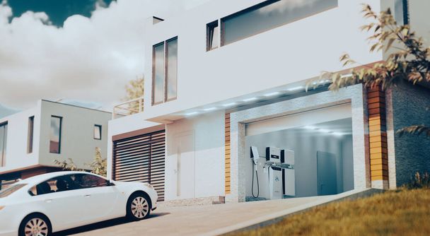 Ein Konzept für ein Heim-Wasserstoffsystem zur Speicherung von Sonnenenergie und zum Antrieb von Elektro- und Wasserstoffautos. Ein modernes Haus mit offener Garage und einem Auto im Nachmittagslicht. 3D-Darstellung. - Foto, Bild