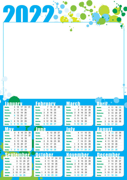 2022 english calendar with photo frame and coloured stains decorations - Vector, Image