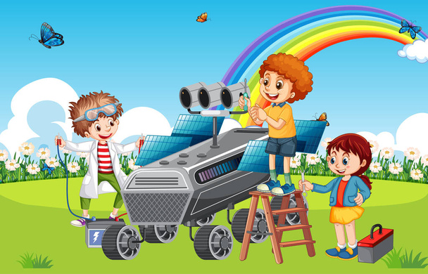 Παιδιά που καθορίζουν ένα δορυφόρο μαζί εικονογράφηση - Διάνυσμα, εικόνα