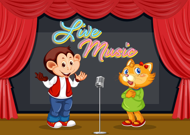 Chat et singe chantant sur scène illustration - Vecteur, image