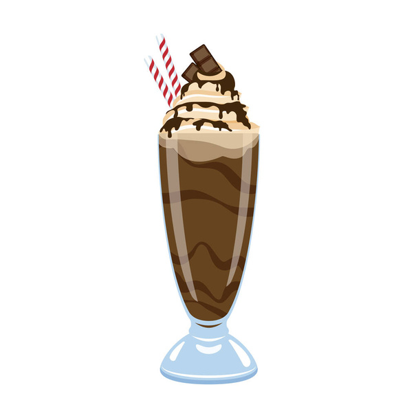 Chocolate milkshake with cocoa topping and whipped cream vector. Ice coffee drink with chocolate icing vector. Glass of milkshake icon isolated on a white background. Delicious chocolate sundae icon - Vektor, kép