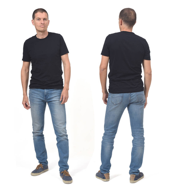 front and back of same man with jeans and t shirt on white background - Photo, Image