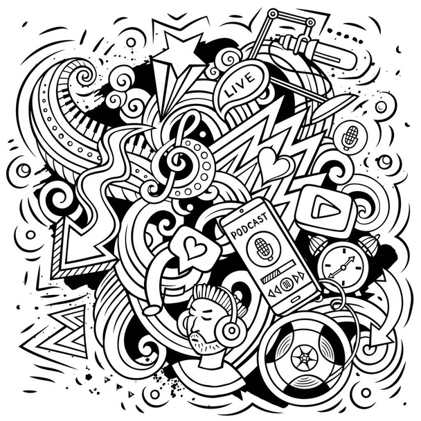 Audio content cartoon doodles illustration. Creative funny raster background. Podcasts, audiobooks, radio symbols, elements and objects. - Photo, Image