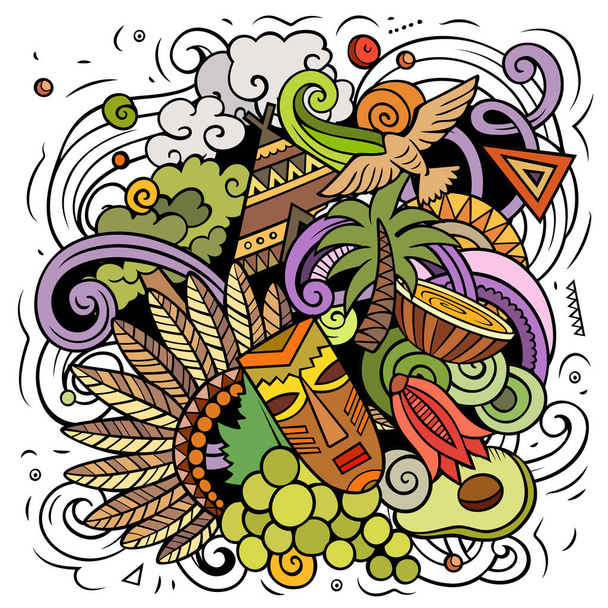 Cile cartone animato scarabocchio illustrazione. Colorata composizione dettagliata con molti oggetti e simboli cileni - Foto, immagini