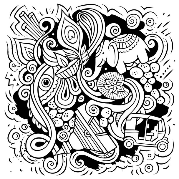 Intia sarjakuva rasteri doodle kuvitus. Line taidetta yksityiskohtainen koostumus paljon Intian esineitä ja symboleja. - Valokuva, kuva
