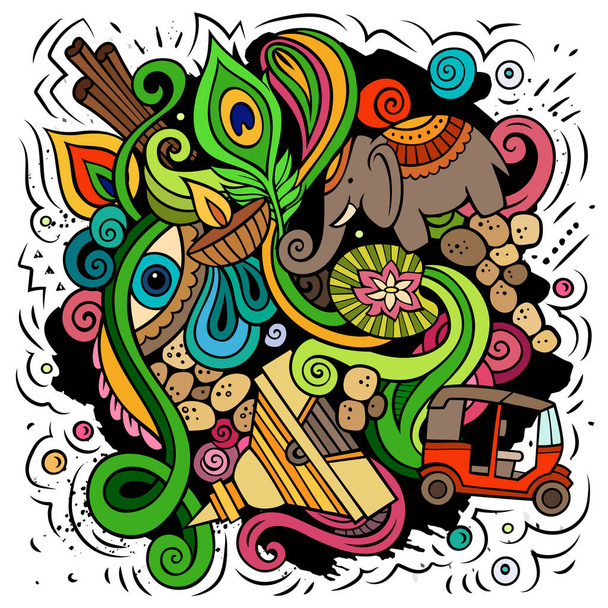 Índia desenho animado raster doodle ilustração. Composição detalhada colorida com muitos objetos e símbolos indianos. - Foto, Imagem