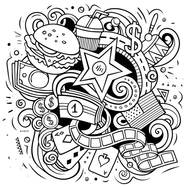 USA sarjakuva rasteri doodle kuvitus. Sketchy yksityiskohtaisia sävellyksiä paljon amerikkalaisia esineitä ja symboleja. - Valokuva, kuva