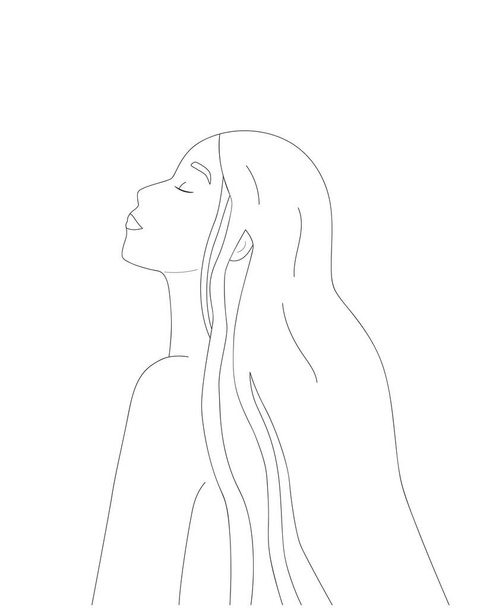 Woman face profile. Line art. Coloring page. Abstract female character with long hairs. Cartoon girl. Outline black and white vector illustration. - Vector, Image