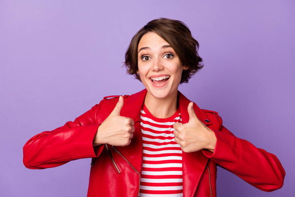 Photo of young girl happy positive smile show thumb-up like cool advert advice choice choose isolated over violet color background - Φωτογραφία, εικόνα
