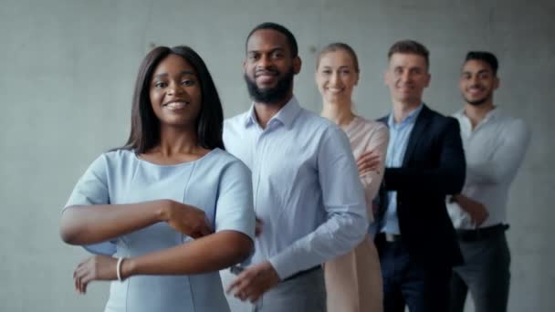 Concept d'entreprise professionnelle. Groupe de collègues multiethniques confiants posant les bras croisés, souriant à la caméra - Séquence, vidéo
