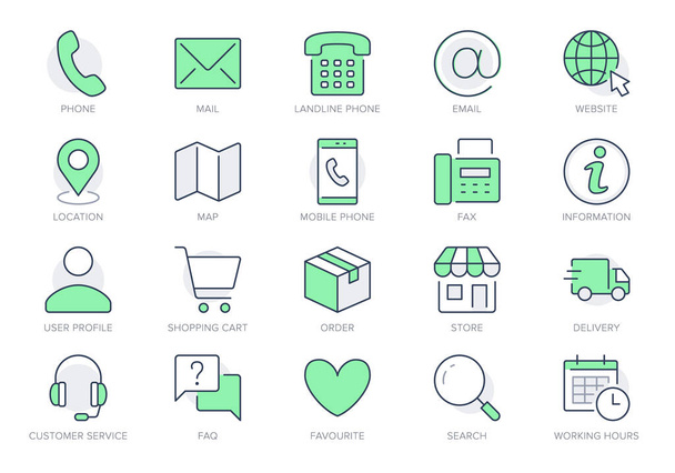 Contact us line icons. Vector illustration include icon - calendar, chat, address, location, landline, office, delivery outline pictogram for customer service. Green Color, Editable Stroke - Vector, Image