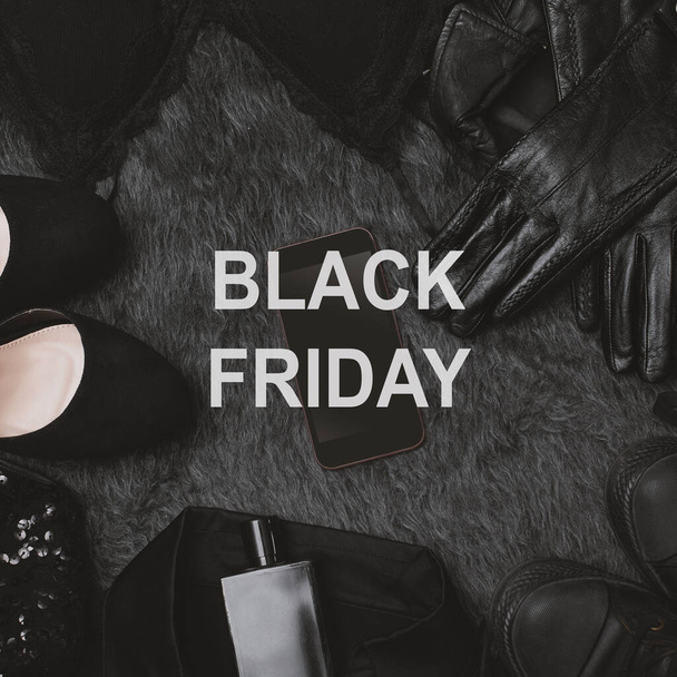 Black Friday Sale Fashion Background. Clothes Flat Lay with Shoes, Fragrance, Lingerie and Phone. Offer Shop Concept - Zdjęcie, obraz