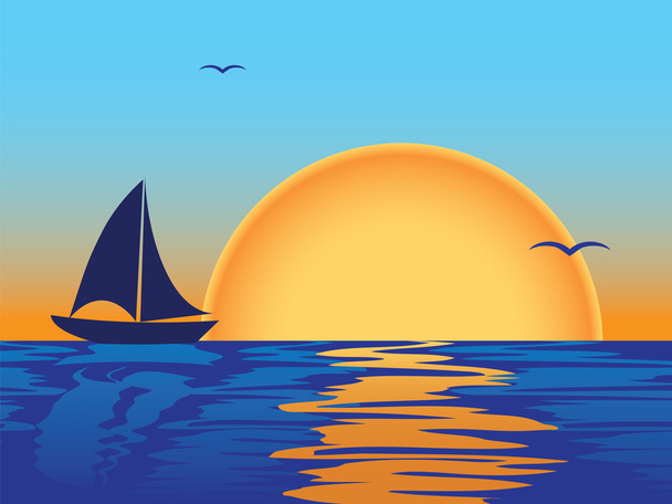 ボートのシルエットと海の夕日 - ベクター画像
