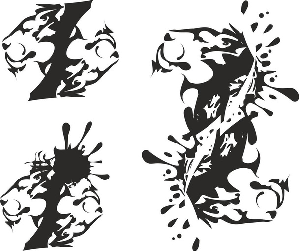 Dubbele leeuwenkop symbolen voor uw ontwerpen. Leeuwenkoppen spray voor tatoeages, logo 's, emblemen, web iconen, borduurwerk, graveren, stoffen producten, prints op T-shirts, textiel, decals, etc. Drie opties: - Vector, afbeelding