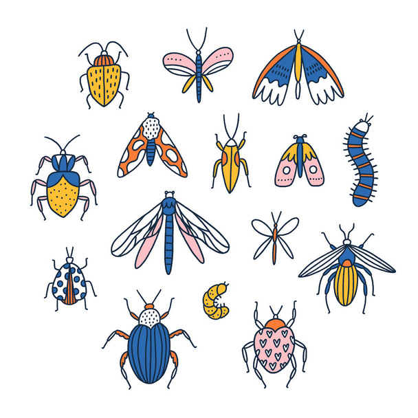 Insetti colorati dei cartoni animati, scarafaggi e insetti, clip art raccolta illustrazione vettoriale, isolato su sfondo bianco - Vettoriali, immagini