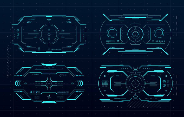 HUD aim control frame interface, futuristic target screen of Sci Fi game ui or gui. Digital monitors with vector hologram crosshairs, neon viewfinder borders and menu bars, future technology - Vector, Image