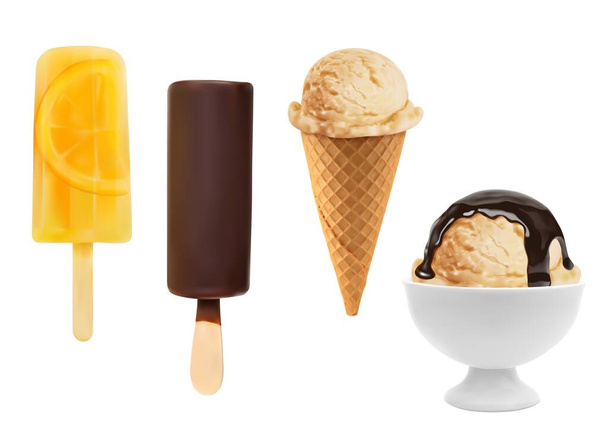 Zmrzlinový lopatkový vaflovací kornout, citrónový ovocný led, čokoládový eskymák a pohár, realistická sada vektorových potravin. Izolované 3d kuličky a tyčinky vanilkové zmrzliny, citrusový sorbet, pohár se zmrzlinou - Vektor, obrázek