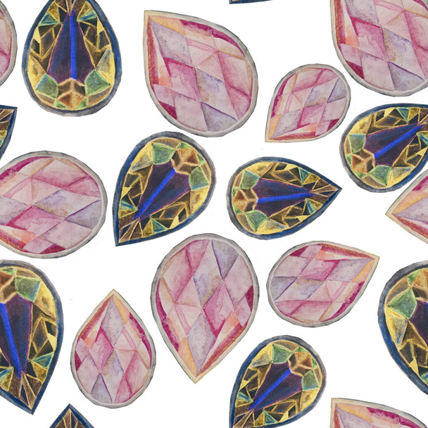precious stones, a symbol of luxury, wealth,influence,money.beautiful decoration of pink,lilac gold,yellow,blue colors like garnet,ruby topaz sapphire diamond diamond emerald.watercolor drawing expensive gift - Photo, image