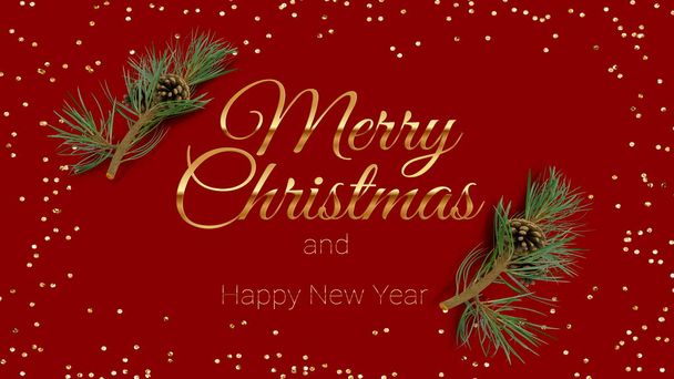  Merry Christmas Fir cones  decorated on red background greeting wishes card  holiday festive template copy space banner - Photo, Image