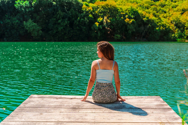 Visão traseira Uma jovem mulher bonita está sentada em um cais de madeira em um delicioso lago de montanha azul cercado por floresta - Foto, Imagem