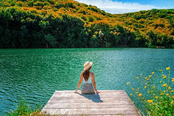Vista trasera Una joven hermosa mujer está sentada en un muelle de madera en un encantador lago de montaña azul rodeado de bosque - Foto, Imagen