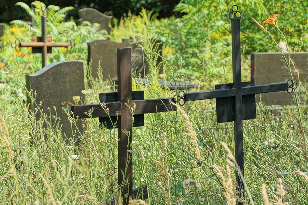 kaksi mustaa ristiä, jotka on tehty metallista ja puulevyistä haudoilla, jotka ovat umpeen kasvaneet vihreällä ruoholla hautausmaalla - Valokuva, kuva