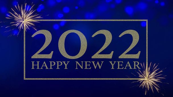 2022 Mutlu Yıllar, Yeni Yıl Partisi, bayram kutlamaları tebrik kartı arka plan afiş şablonu - Soyut mavi gece gökyüzü üzerinde harf, havai fişek ve altın parıltılı altın çerçeve Bokeh ışıkları - Fotoğraf, Görsel
