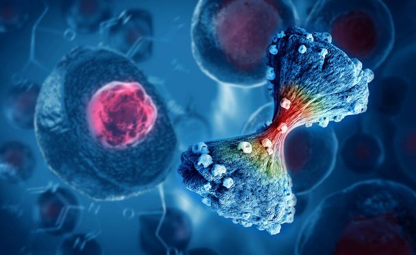Divisione delle cellule tumorali e cellule staminali embrionali sullo sfondo. Illustrazione 3D - Foto, immagini