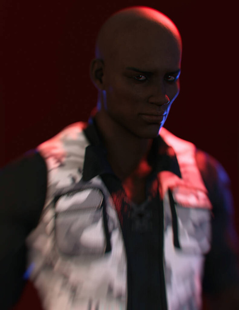 Retrato de un militar afroamericano calvo con camisa negra y chaleco táctico de camuflaje en luz roja y azul. Renderizado 3D. - Foto, Imagen