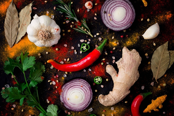 Assortment of spices, concept, food background, top view, on a black table, toned, no people, close-up, set, - Foto, Bild