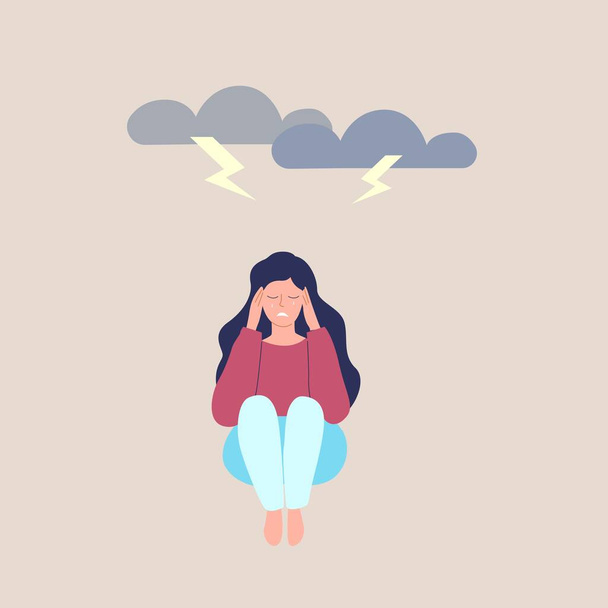 Surullinen nainen istuu. Masennusta. Nainen itkee pilvien takaa salamannopeasti. Esimerkki mielenterveyshäiriöstä - Vektori, kuva