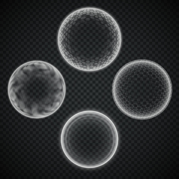 Сферический энергетический щит, изолированный на сетке прозрачности, различные силовые или защитные поля, дефлектор или защитный пузырь, научно-фантастический элемент метафора абсолютной защиты или повреждения иммунитета - Вектор,изображение
