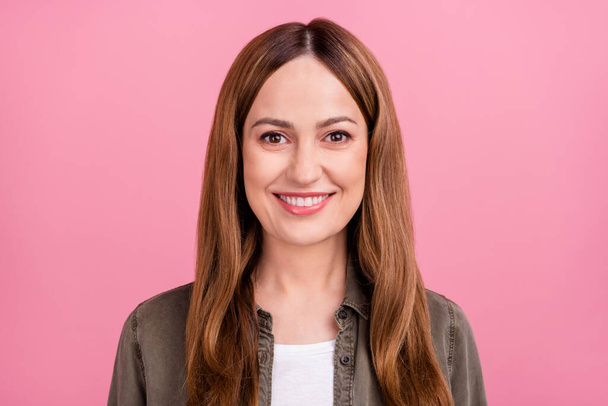 Photo of mature lovely woman confident clever toothy oral care dentist cavity protection isolated over pink color background - Fotografie, Obrázek